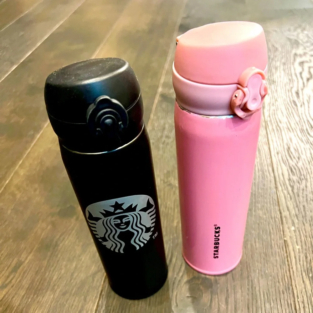 Set 2 Starbucks Stainless Steel Thermos Insulated Water‎ Bottles Black Pink 16oz